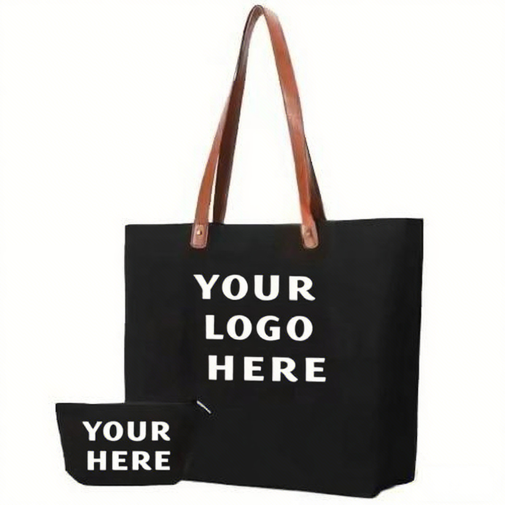Wholesale Custom Your Logo Black Cotton Canvas Tote Bag with Brown Leather Strap 